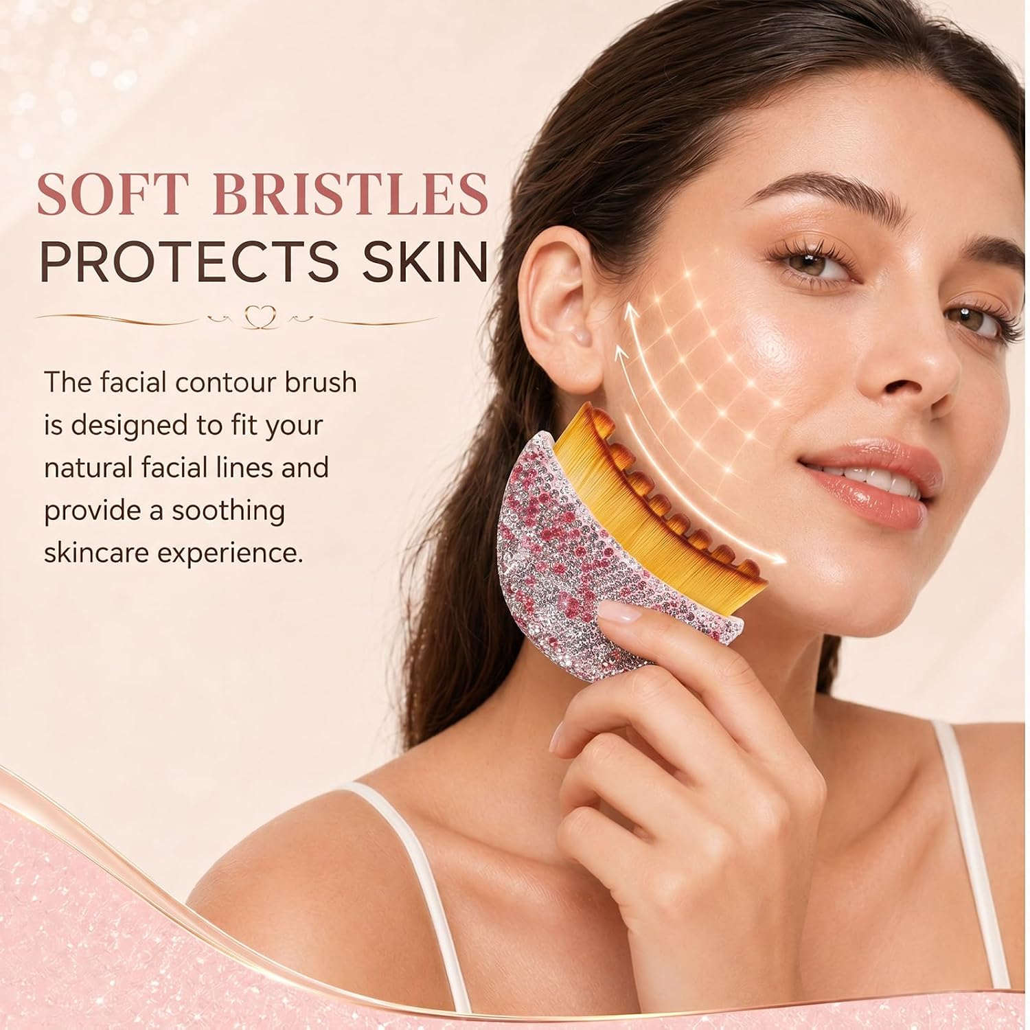 Lymphatic Contour,Glitter Diamond Handle Lymphatic Drainage, Soft Dry Brush for Face Neck Chin, Ergonomic Brush for Face Contour Massager (PINK WHITE)