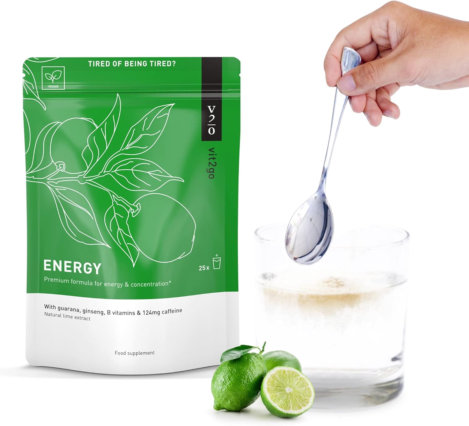 Natural Energy Drink Mix - 124mg Caffeine from Ginseng & Guarana | Sugar-Free, No Crash Pre-Workout Powder | B Vitamins, Magnesium & Zinc | Focus & Performance | Keto, Vegan | 25 Portions