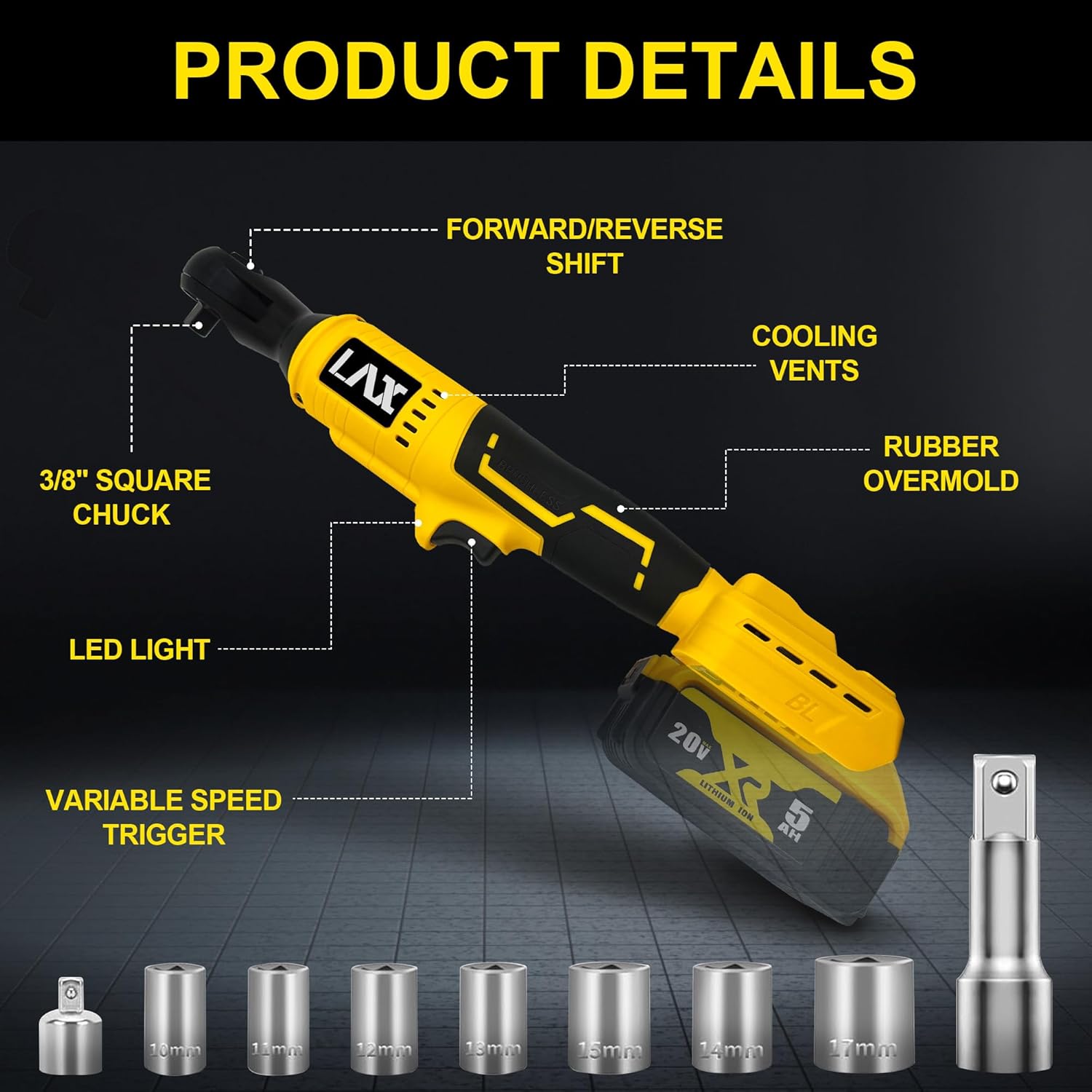 3/8" Brushless Ratchet Wrench Set for DEWALT 20V Max Battery, Electric Cordless Ratchet, 1/4" Adapter, 3" Extension Bar & 7 Sockets (Battery not include)