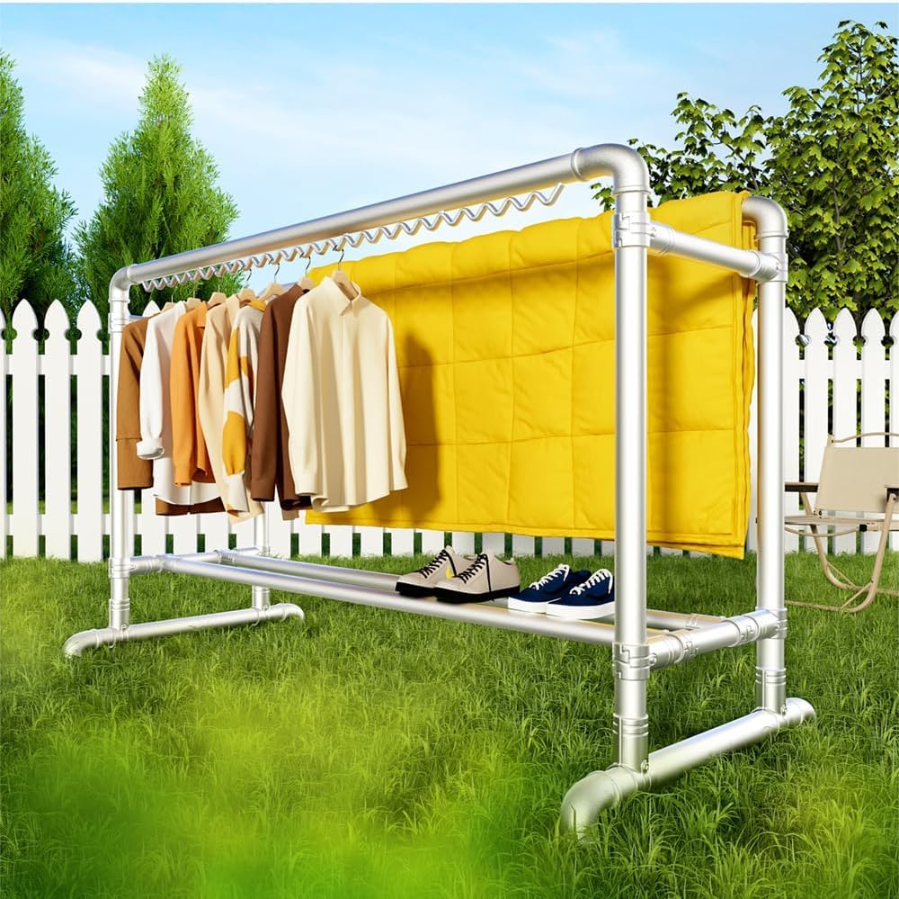 Étendoir à linge double poteau avec étagère à chaussures et cadre en maille