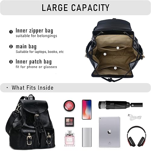 Miniatura 5 de Chillo - Mochila grande de cuero vegano para mujer, diseño multiusos, con cordón, Negro -, Mochilas de mochila