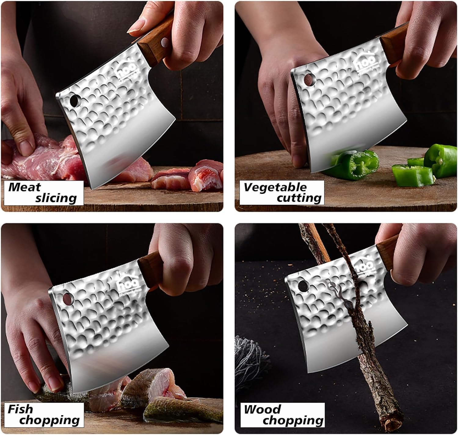 ohmonlyhoo hackmesser, Küchenbeil zum Schneiden von Fleisch und Knochen, Fleischerbeil mit Vollerlgriff aus Birnenholz, für Küche und Outdoor