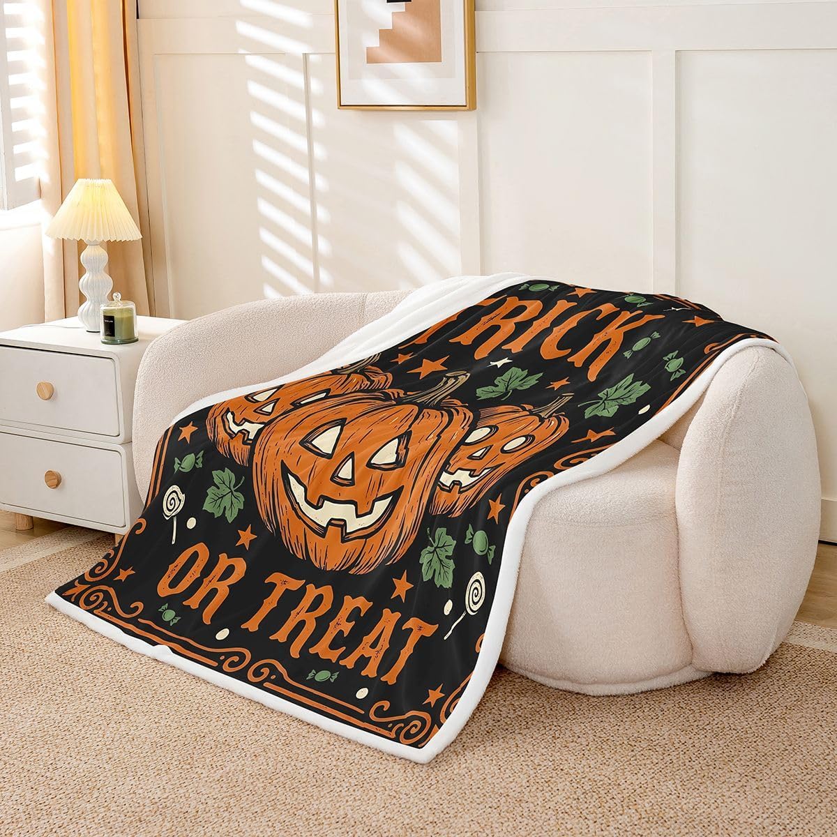 Feelyou Halloween Fleece Throw Blanket Pumpkin Sherpa Blanket for Kids Women Men Plush Fuzzy Horror Theme Twin 60"x80" for Bed Couch Chair Living Room Bedroom Decor