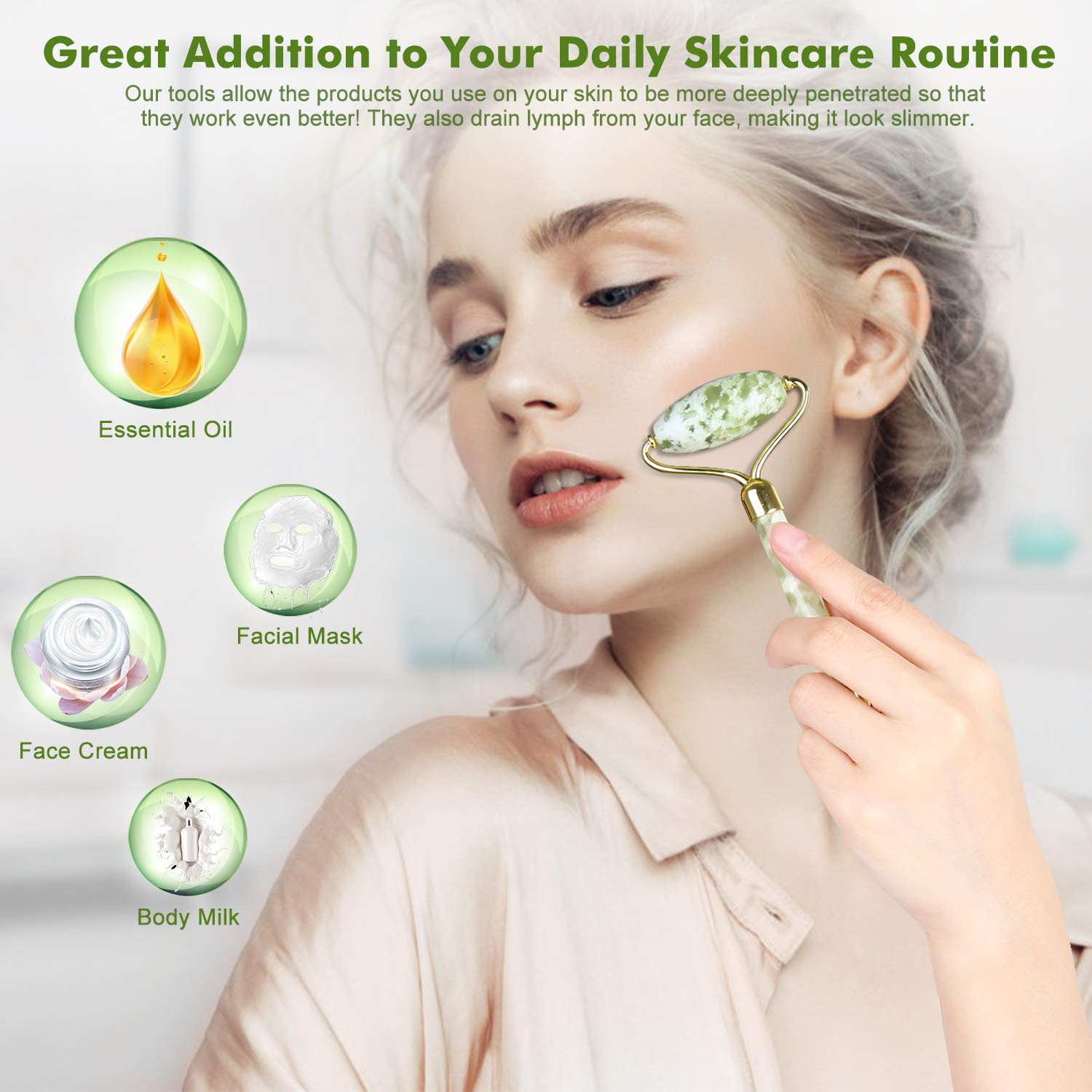 MomMed Jade Roller, Jade Face Roller and Gua Sha Set 100% Jade, 2 Anti-Aging Tools for Youthful Glow, Reduced Wrinkles, Diminished Dark Circles, Complete Face Roller Set with Ready to Gift Packaging