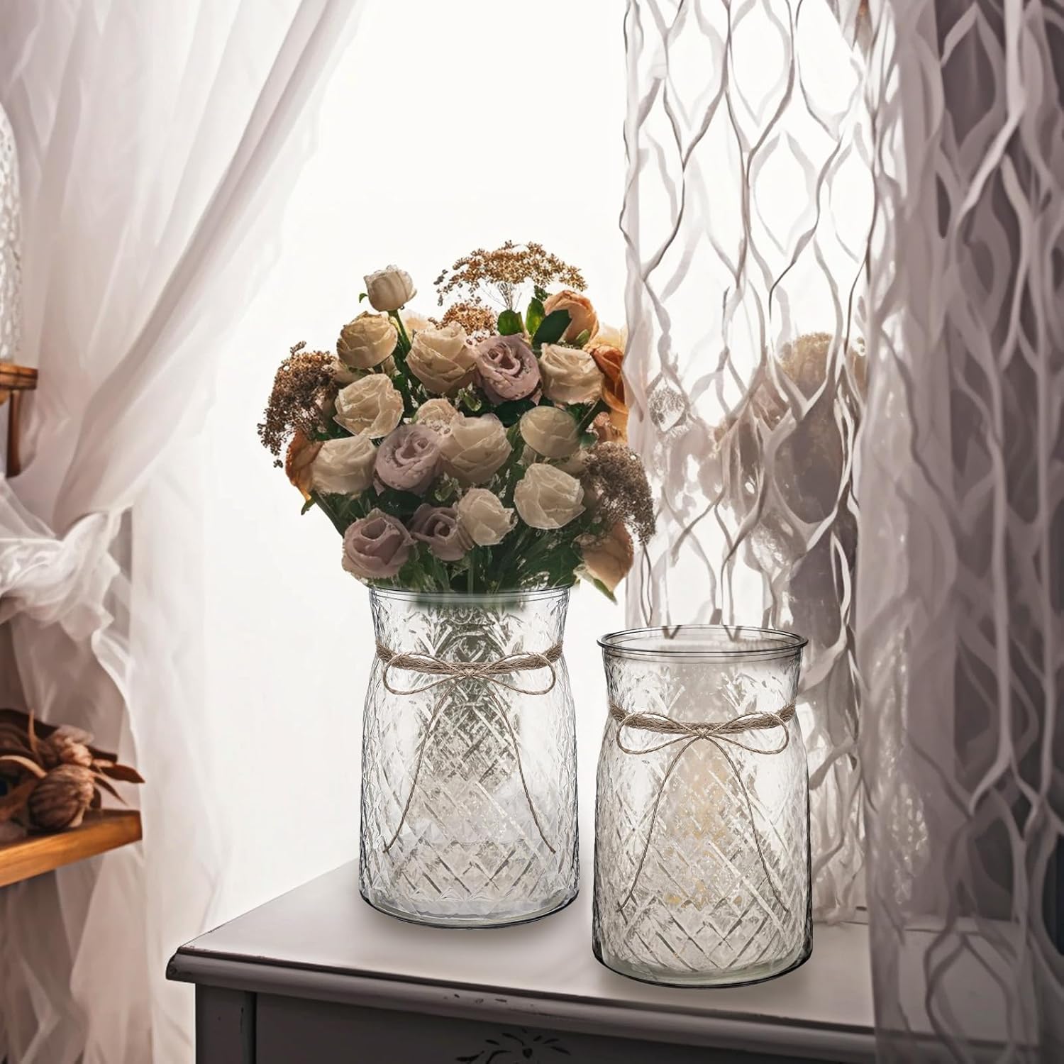 Bokon 6 Pcs 4.3 in Caliber Plastic Vases Bulk for Centerpieces Table 6.3 in Bud Vases Clear Planter for Flower with Rope Design Plant Containers for Wedding Dinning Home Decoration (Clear)