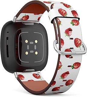 CJBROES Replacement Leather Watch Band, Compatible with Fitbit Versa 3 and Fitbit Sense of Wristband Bracelet Accessory - Low Poly Strawberries
