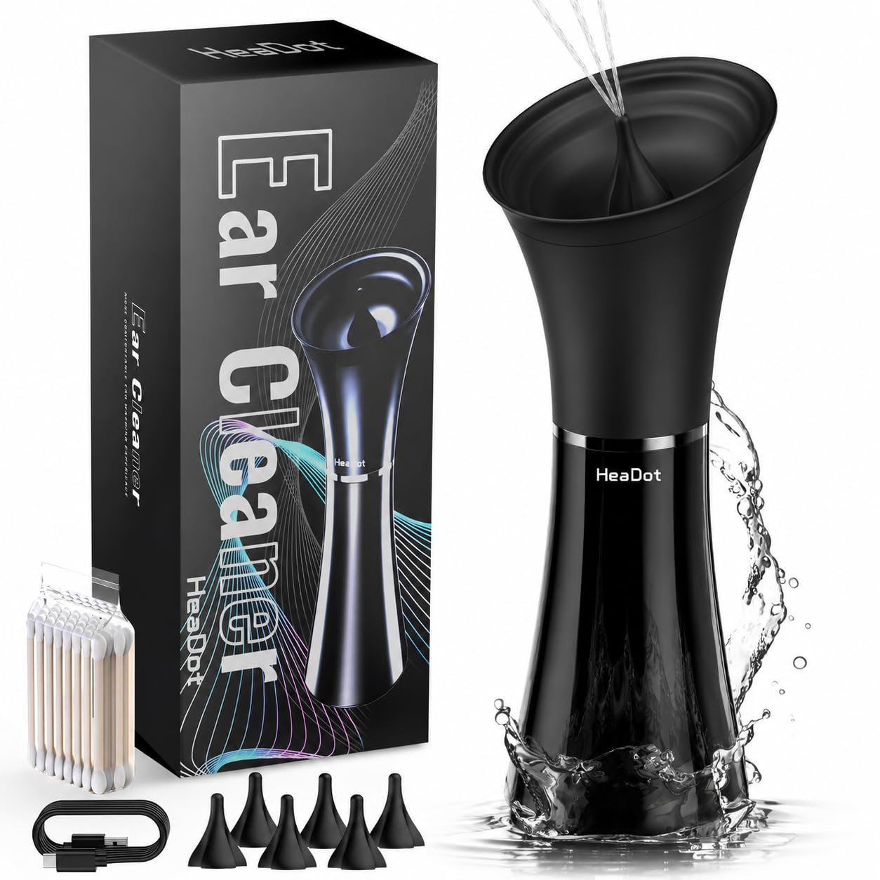 Electric Ear Wax Removal System, Water Powered Ear Cleaning Tool with Irrigation Flusher, 6 Tips, 4 Pressure Settings - Safe &amp; Effective for Ear Wax Buildup Flushing and Cleaning