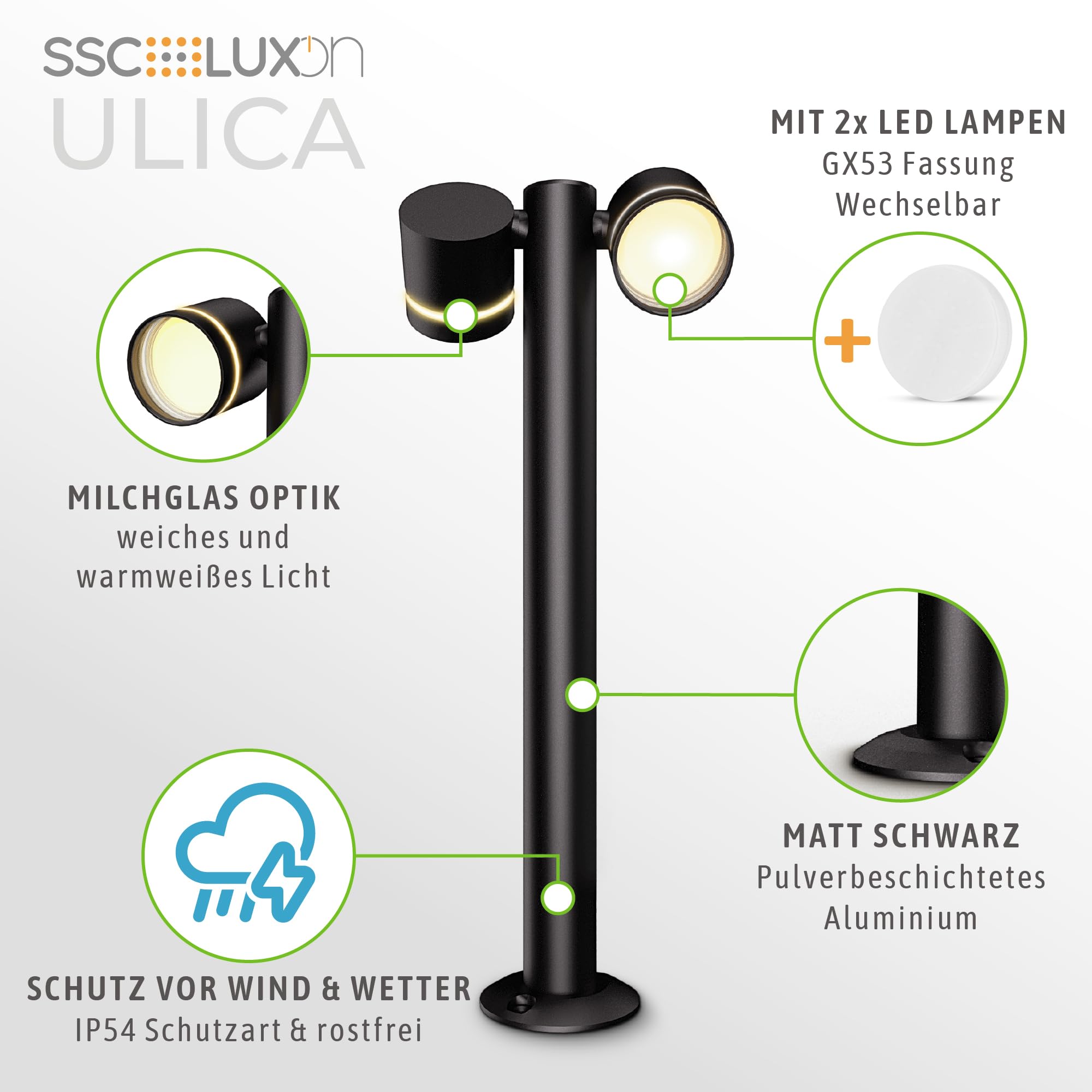 SSC-LUXon ULICA Outdoor Standleuchte mit 2x LED Lampen warmweiß GX53 5W - Pollerlampe schwarz matt IP54 schwenkbares Licht 230V