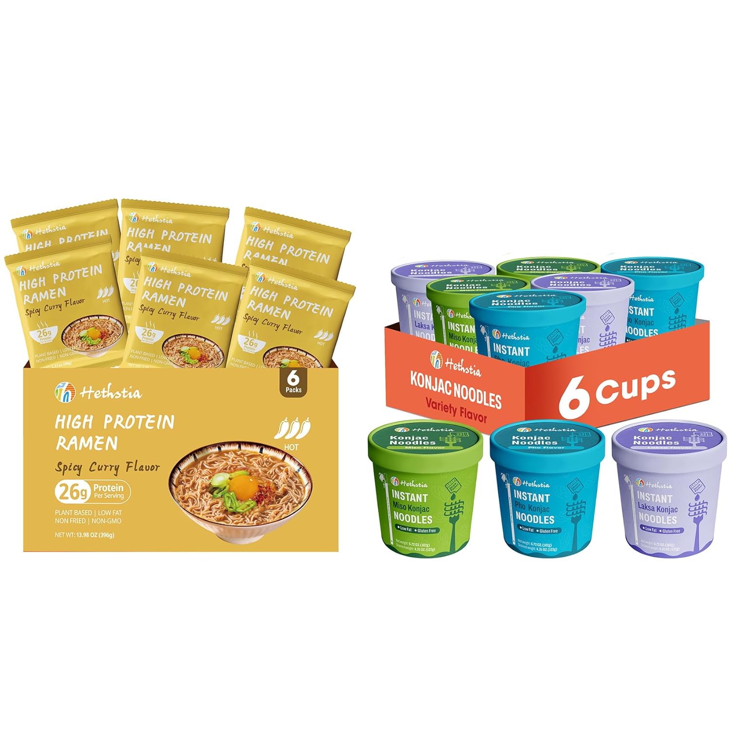 Hethstia Konjac Ramen Cup Soup Variety 6 Pack Alto en Proteína