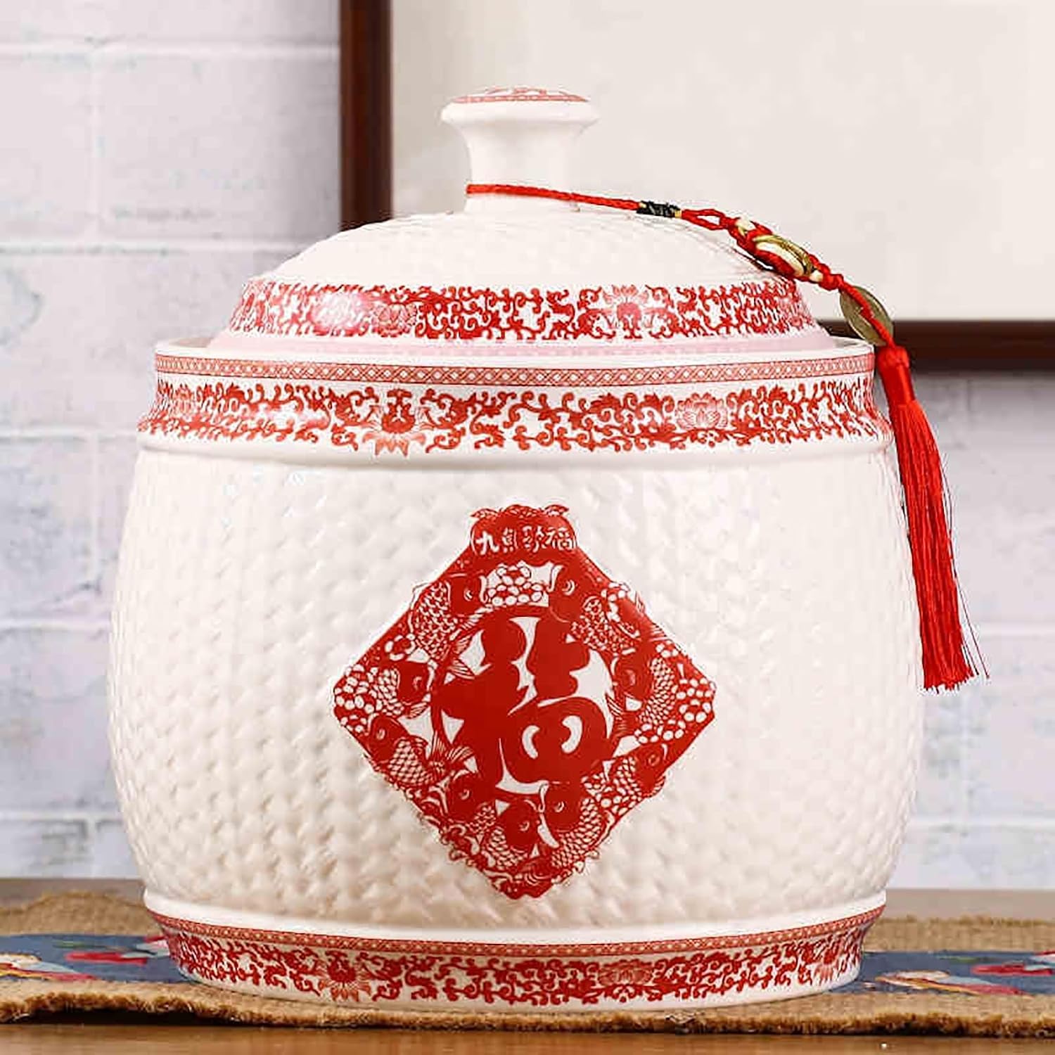 Chinese Sealed Large-Capacity Rice Pot, Ceramic Rice Bucket With Tassel Design, Grain Storage Ceramic Container, Rice Dispenser Airtight Storage Bucket For Grains Snacks Candy Coffee Beans Food(A,Capa