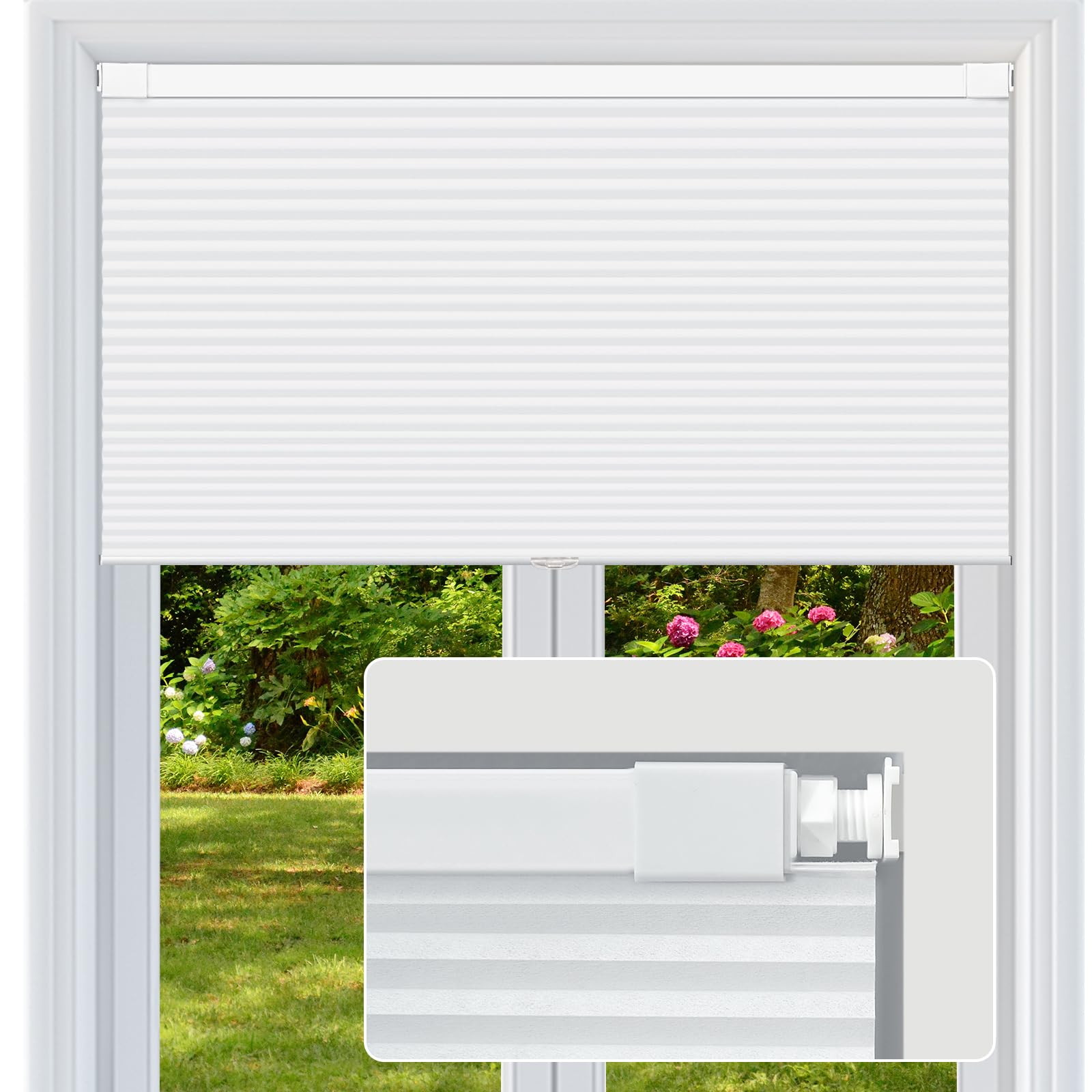 Cordless Cellular Shades, No Drill No Tools Light Filtering Honeycomb Shades, Pleated Blinds for Windows, Easy to Install, White 37" W x 64" H