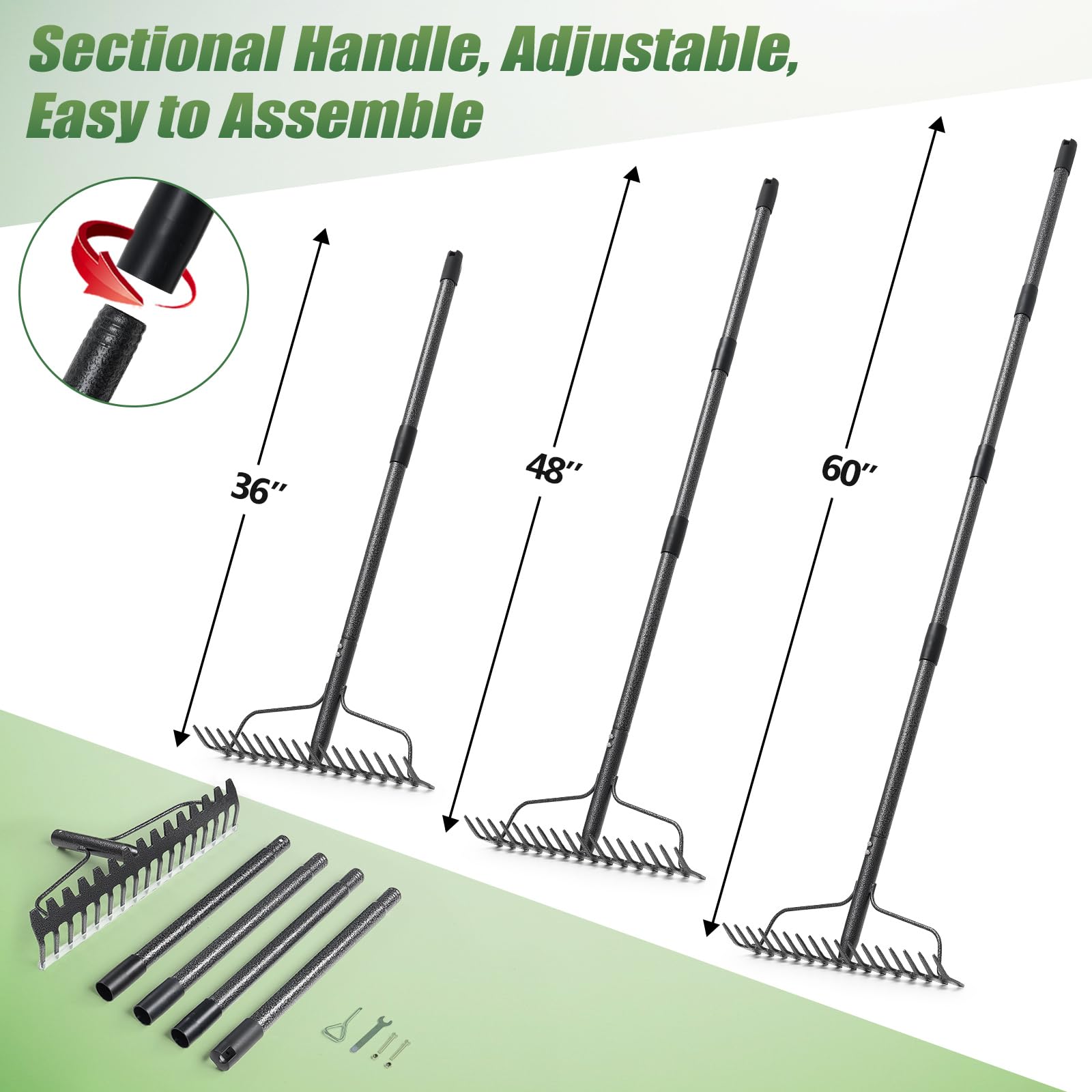 Rastrillo de jardín, rastrillo de 5 pies, rastrillo de nivelación resistente con mango ajustable, 17 dientes de cabeza ancha, rastrillo de paja de metal para jardinería, hojas, césped, patio,