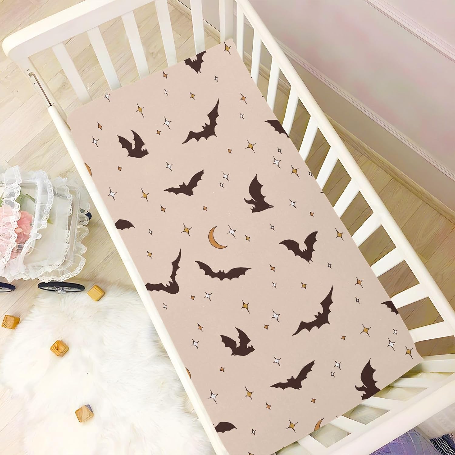 CaTaKu Boho Halloween Bat Crib Sheets for Girls Boys,Baby Crib Fitted Sheets for Mini Crib and Toddler Mattress, Soft Baby Nursery Bed Sheets Neutral 28"x 52"