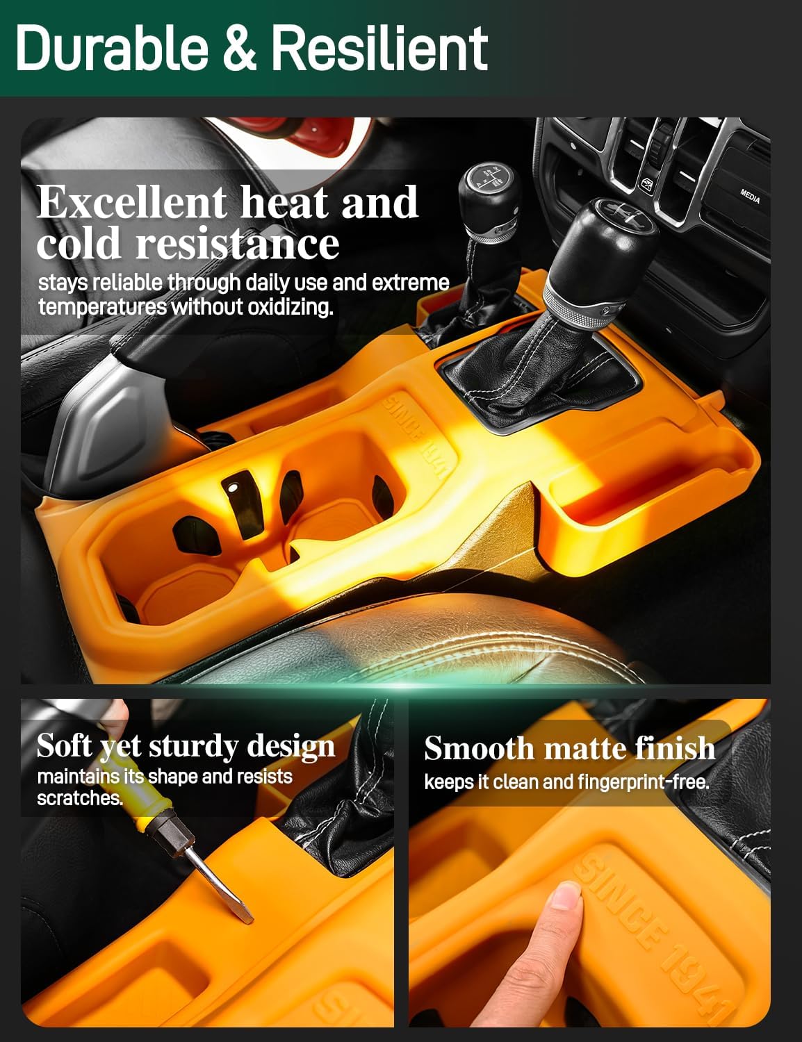 3-in-1 Silicone Center Console Liner Tray for Jeep Wrangler JL/JLU & Gladiator JT|Non-Slip Cup Holder Mat & Center Console Protector Liner Pad& Side Storage Pocket Interior Accessories (Orange)