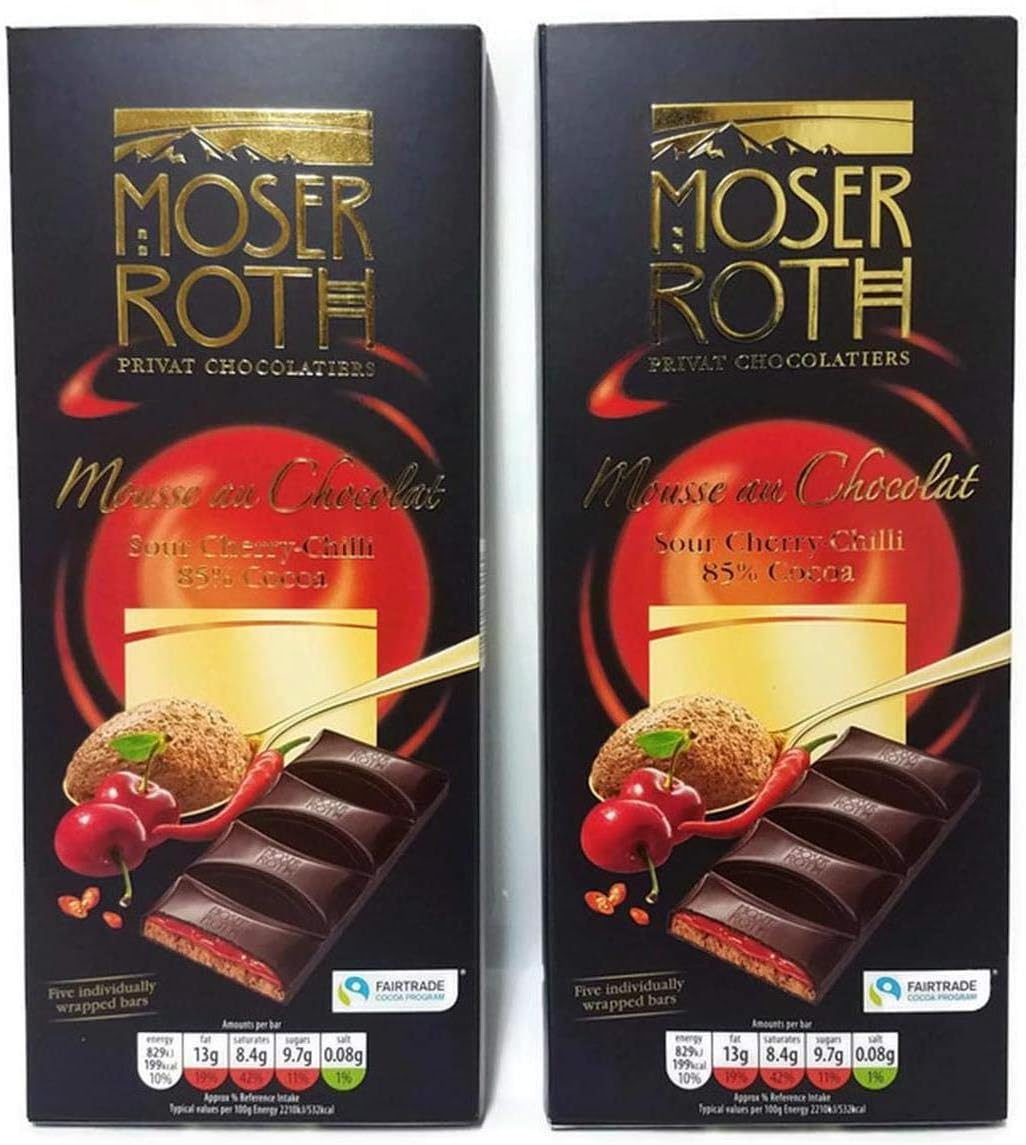 Aldi Moser Roth Mousse Au Chocolat Sour Cherry Chilli 85% Cocoa Fairtrade Dark Chocolate Bar 2 x 187.5g 10 Individually Wrapped Bars x 37.5g