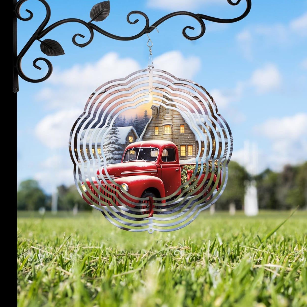 Red Truck Farmhouse Winter Christmas Wind Spinners 3D Stainless Steel Laser Cut Metal Double Sided Printing-Hanging Indoor/Outdoor Decorations Yard Gardening Decor,Metal Kinetic Art 16x16 inches
