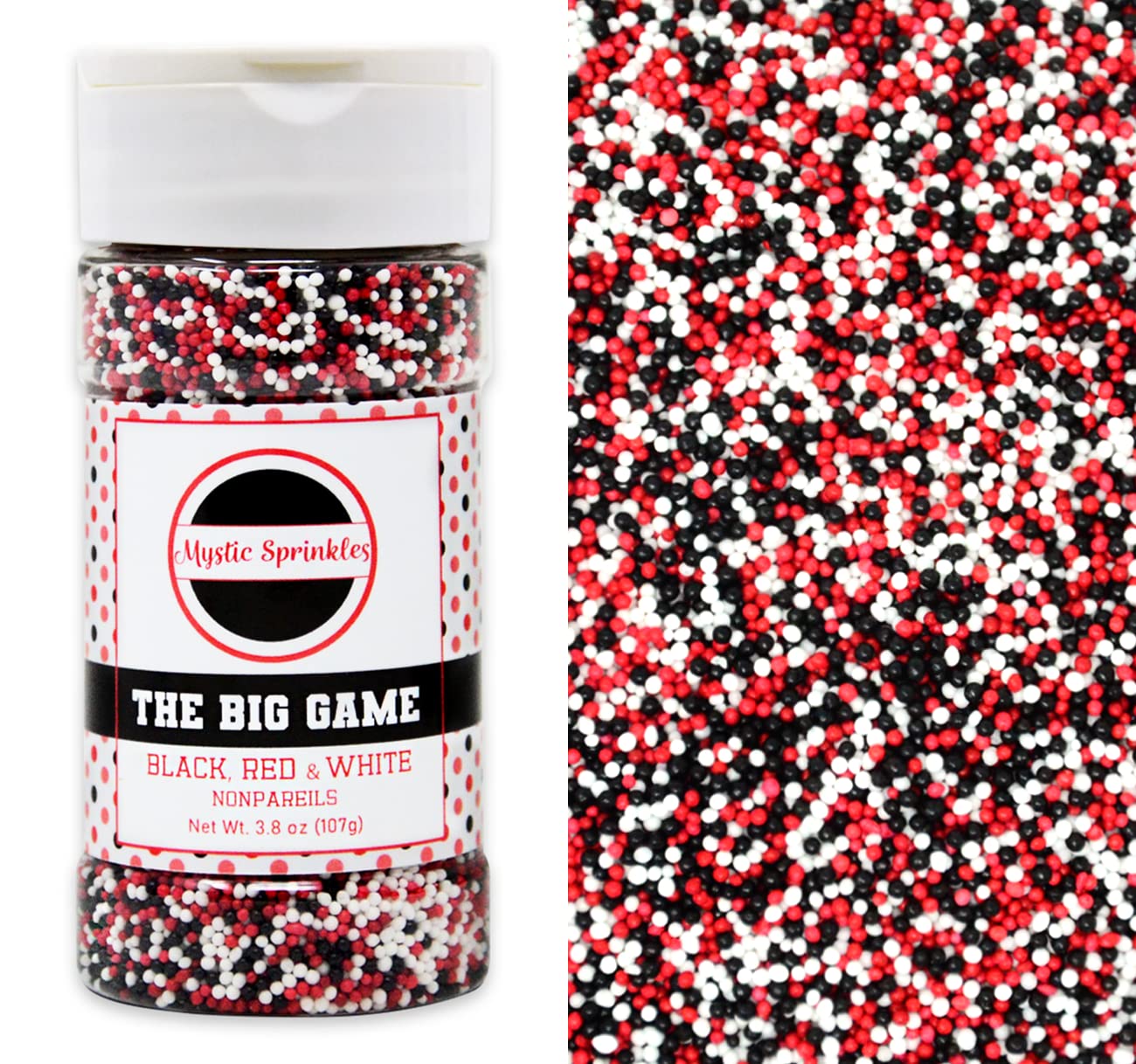 Mystic Sprinkles The Big Game Nonpareil Mix 3.8oz Bottles (Black, Red & White)