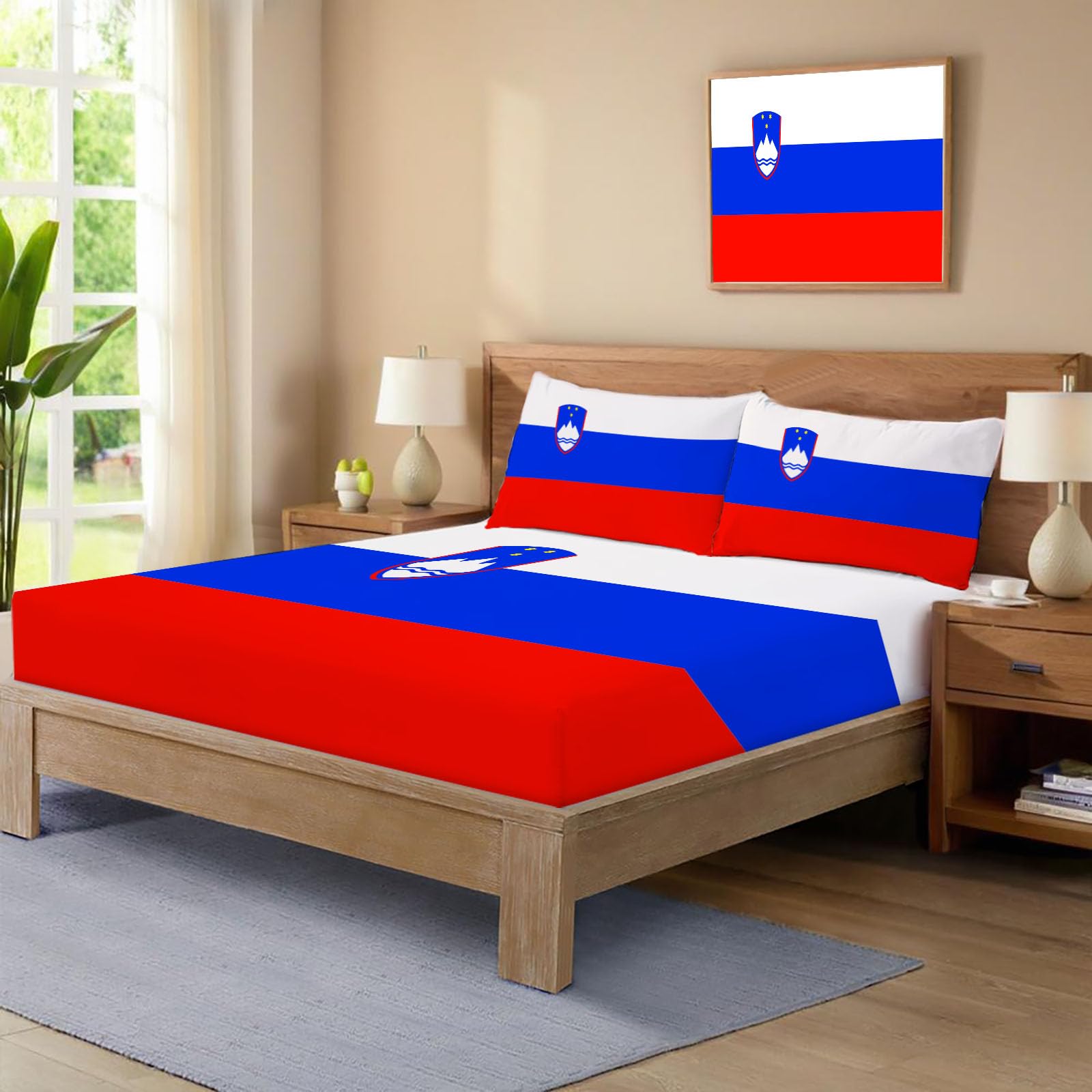 Sabana Bajera 150X190/200Cm Ajustable Bandera De Eslovenia Bajera Cama Niños, Profundidad De 30 Cm Sabanas Microfibre Suave Cómoda Azul Rojo, Geométrico Moderno Sabanas Bajeras Elástica