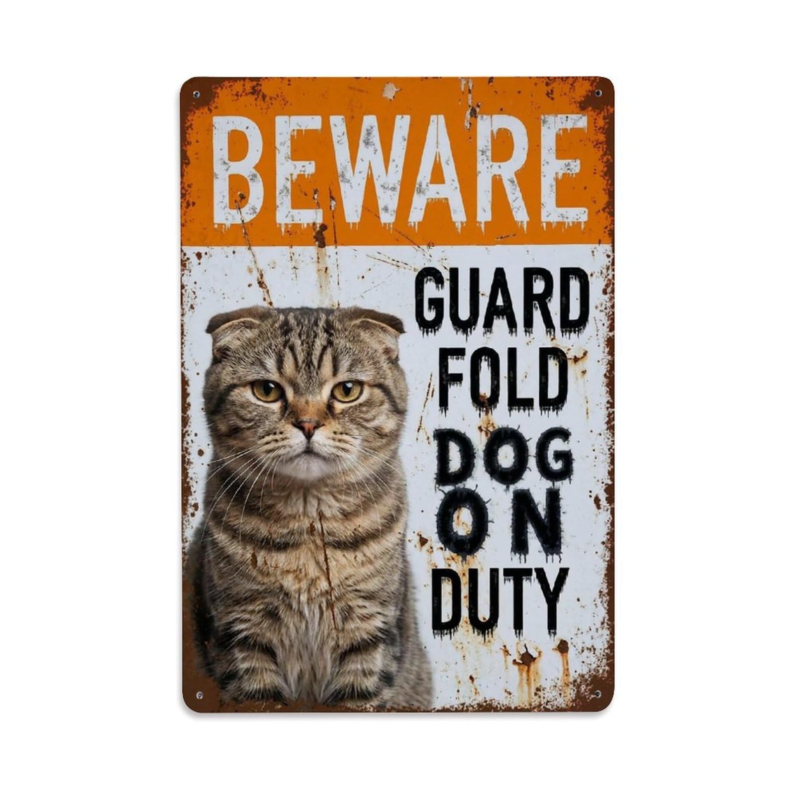 Vintage Funny Fold Guard Beware of Cat Deck Metal Tin Sign Plaque Wall Decor for Cafe, Club Bar, Office, Garden Metal Poster 8x12Inch