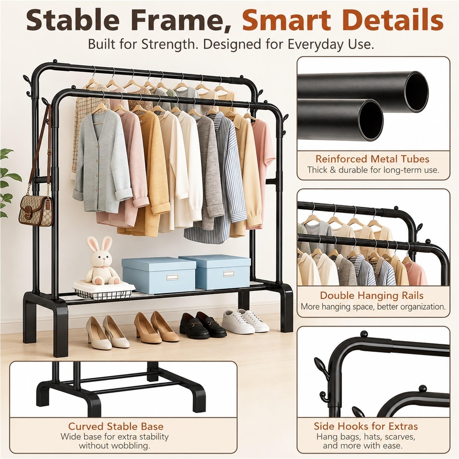 Burro Ropa Resistente, Perchero Burro Doble con Zapatero y 4 Ganchos Laterales, Perchero de Pie en Metal Negro, Carga 90 kg para Dormitorio, Vestidor, Entrada(Black,130cm/51.2 in)