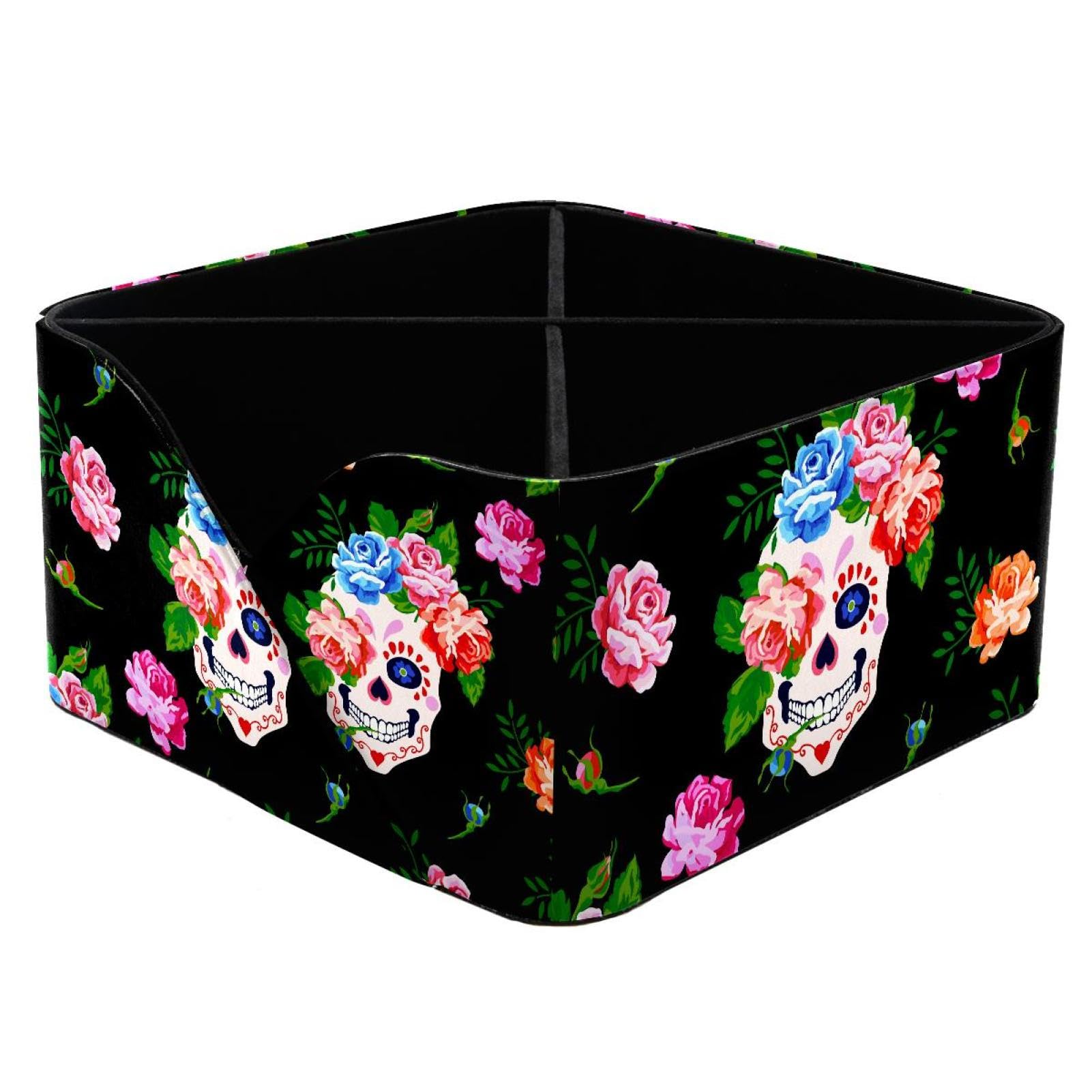 KengjuTesu Suger Skull Rose Blue Red Desktop Organizer Pen Holder, Rectangular Pencil Cup for Office, Study and Makeup Stations