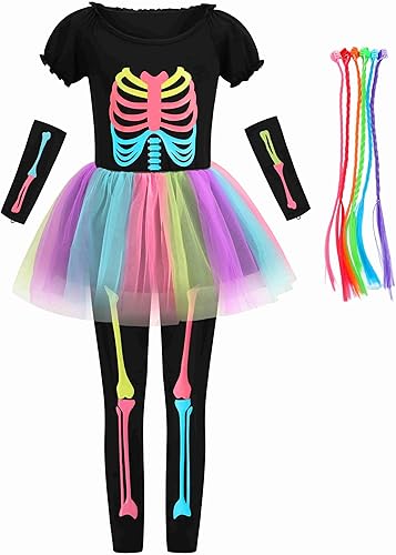 Miniatura 2 de Disfraz de esqueleto arcoíris para niñas, juego de vestido tutú que brilla en la oscuridad con extensiones de cabello para Halloween