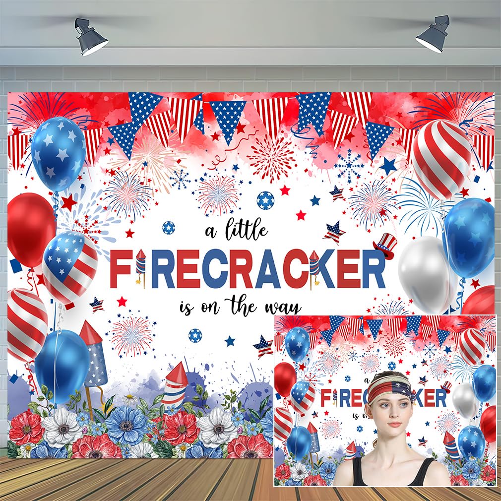 7 x 5 ft 4th of July Little Firecracker Backdrop Red and Blue A Little Firecracker is on The Way Photography Background Independence Patriotic