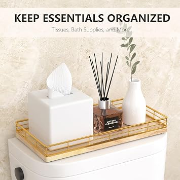 Toilet Paper Basket Organizer, Oak Wood Toilet Tank Tray with Metal Frame