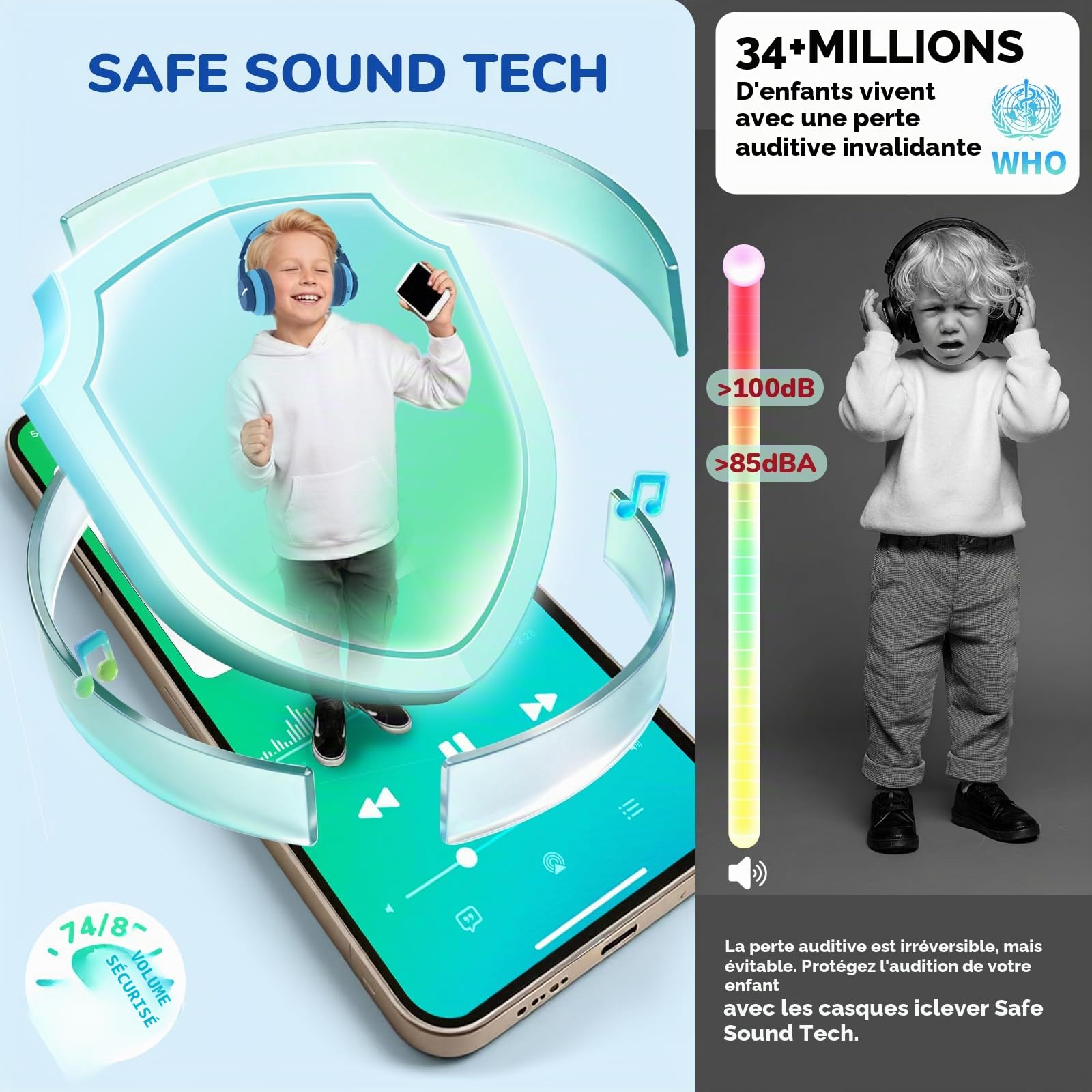 iClever Casque Audio Enfant Bluetooth sans Fil avec Microphone, Lumières LED Colorées, Volume Limité 74/85/94dB, 85 Heures de Travail, Bluetooth 5.2, Micro Intégré BTH12