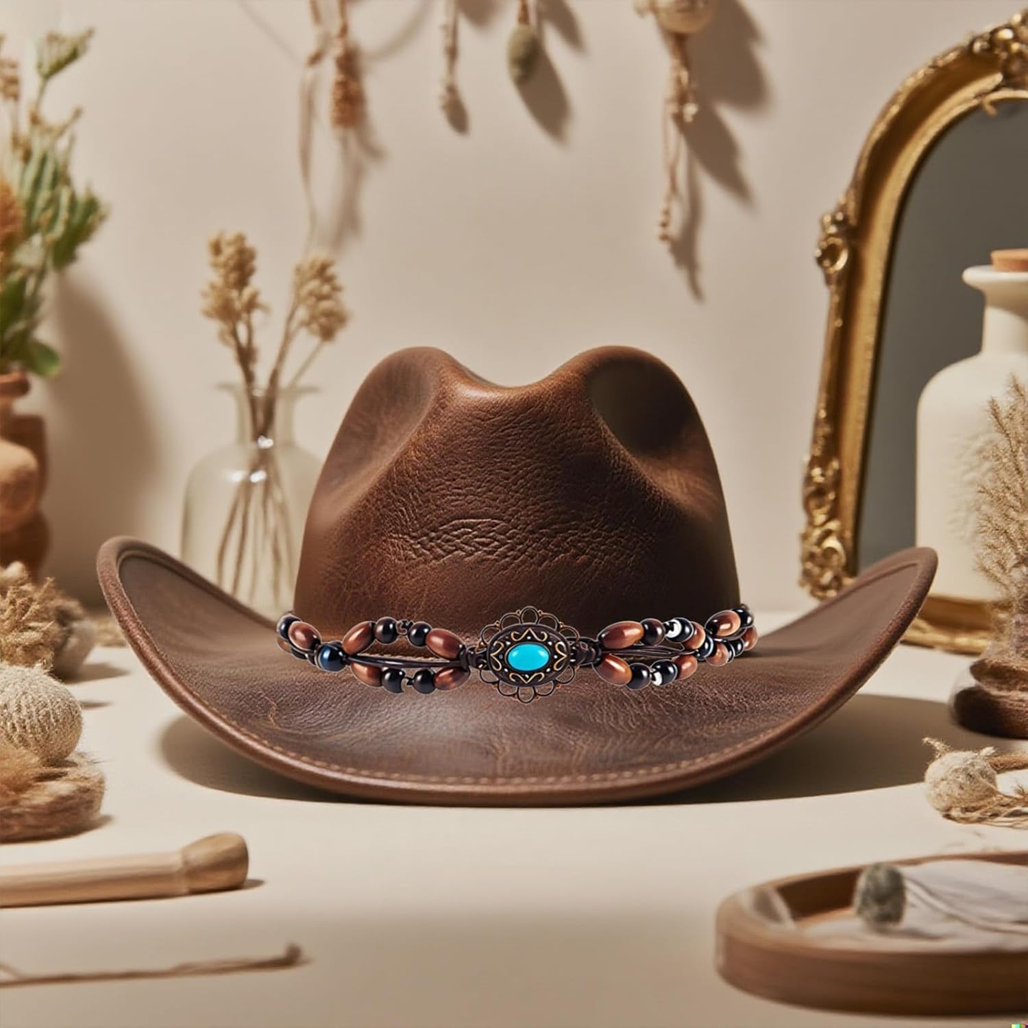 3PCS Cowboy Hat Bands, Western Turquoise Hats Band, PU Leather Beaded Cowgirl Hats Band, Cowboy Hat Accessories, Give your sweetheart a beautiful gift. - Image 3