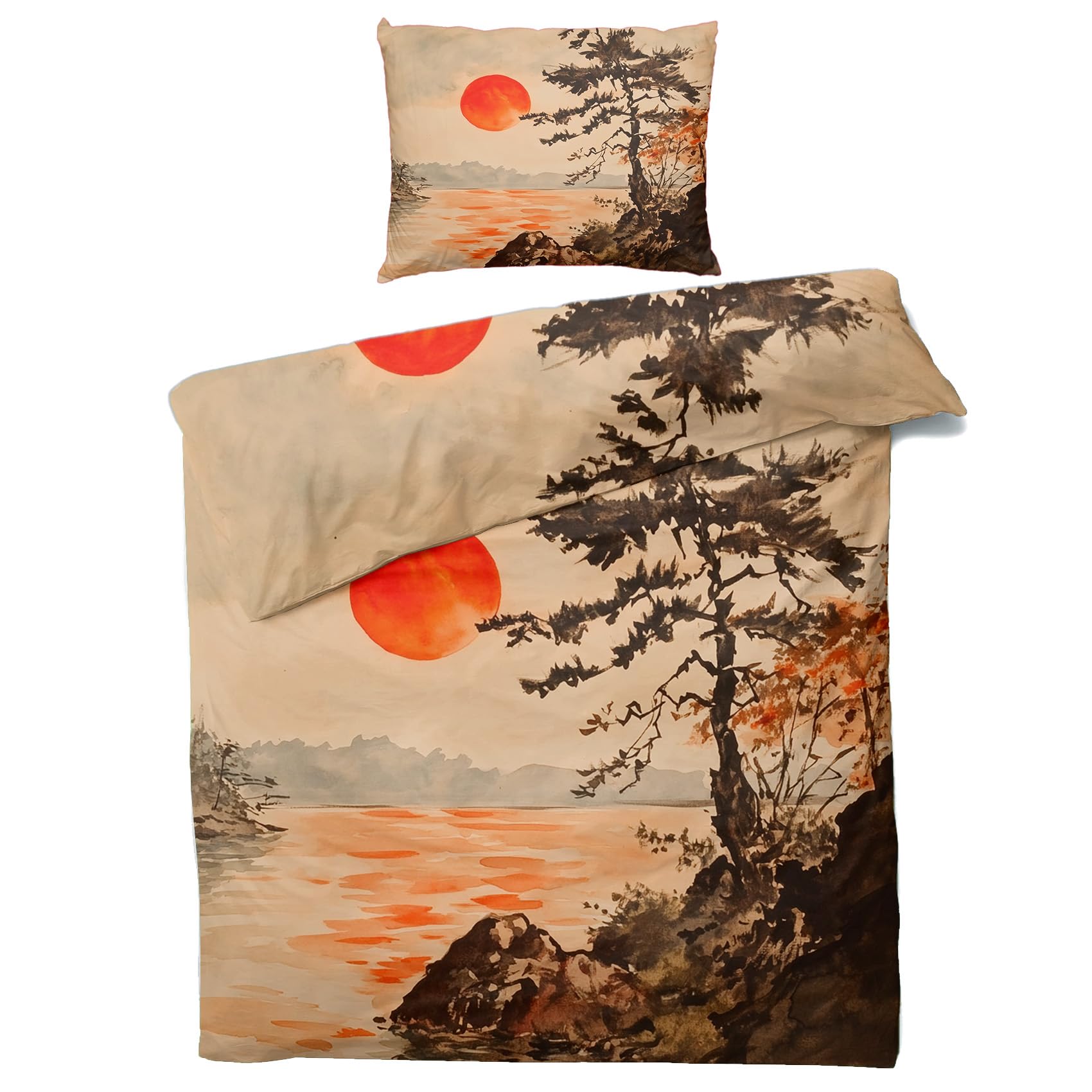 Generisch Bettwäsche Japanisch 140x200, Asiatisch Japan Landschaft Motiv Wendebettwäsche & Deko, Weiche Microfaser Bettbezug mit Reißverschluss und 1 Kissenbezug 70x90, 2tlg - ASD6915