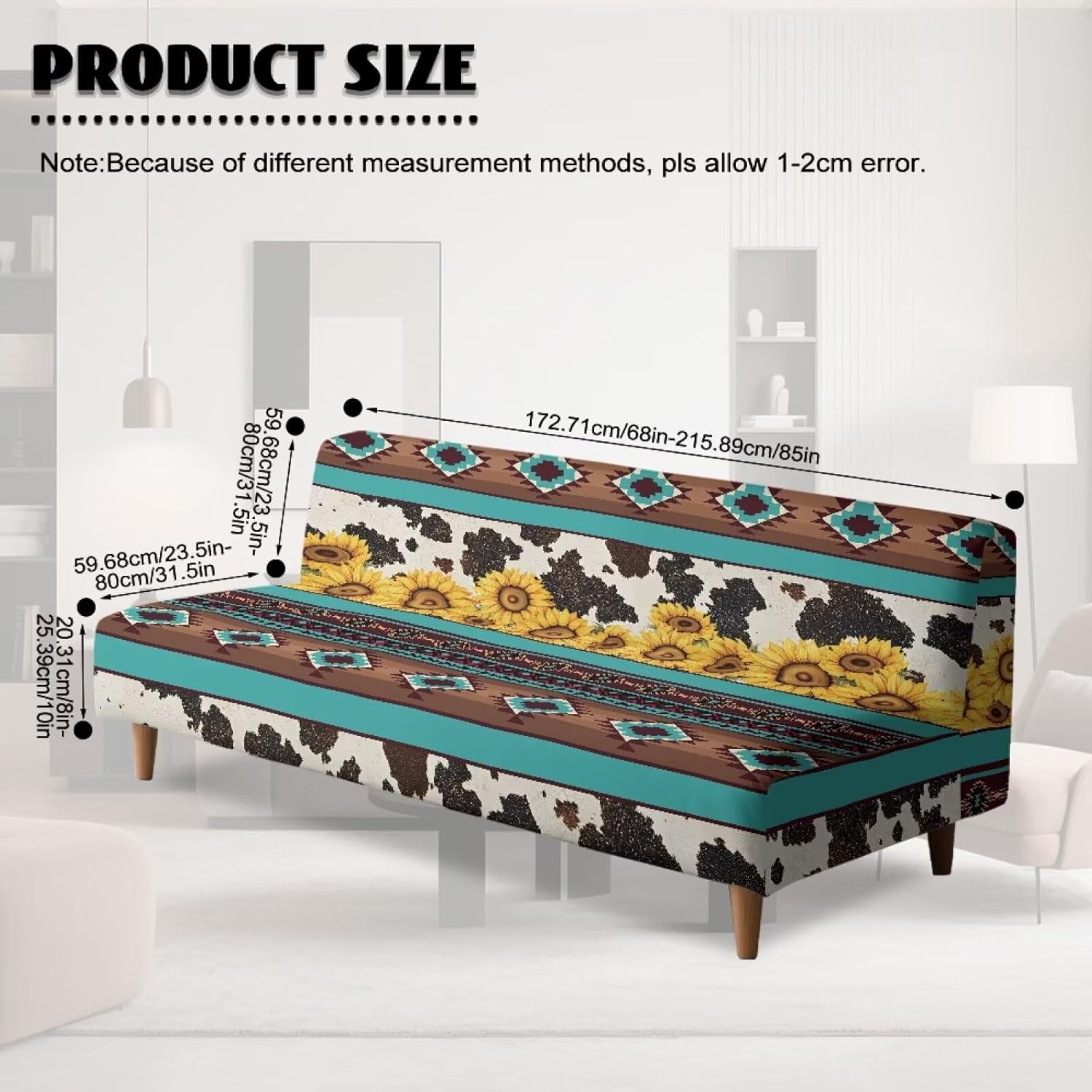 Cow Western Futon Cover Armless Sofa Slipcover Aztec Sunflower Stretch Furniture Protector Southwestern Sofa Slipcover Couch Cover Living/Dining Room Décor