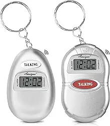 Pacote com 2 relógios falantes para idosos cegos, pequeno despertador de viagem para deficientes visuais, relógio falante operado por bateria em inglês para idosos