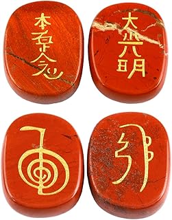 4 Piece Red Jasper Stones Engraved Chakra Symbols Polished Palm Stones for Reiki Crystal Healing