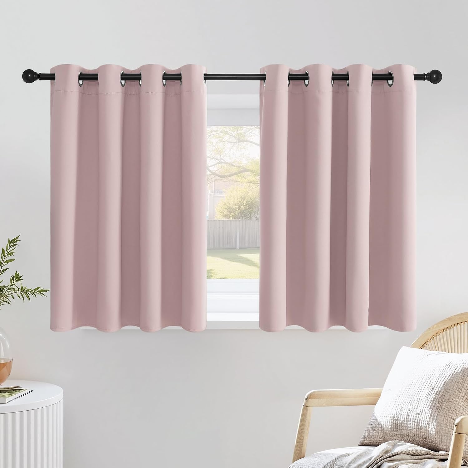  Blush Pink Short Curtains for Girls Room, Grommet Kitchen Window Curtains Thermal Short Drapes Room Darkening for Cafe, 2 Panels, W52 x L36