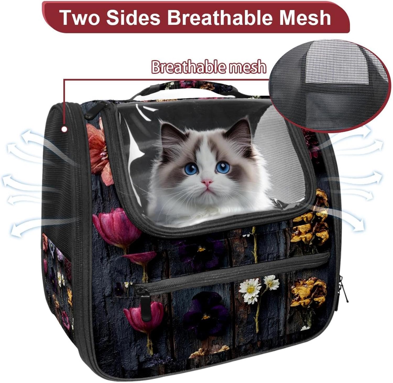Portable Travel pet Backpack Carrier Hamster Bag Small Dog cat Carrier Breathable Hang Bag, Flowers on Vintage Wooden Boards (1)