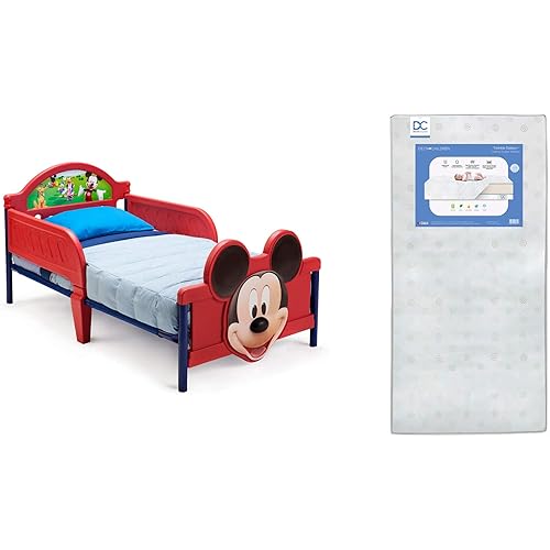 3D-Footboard Toddler Bed, Disney Mickey Mouse Twinkle Galaxy Dual Sided Recycled Fiber Core Toddler Mattress (Bundle)