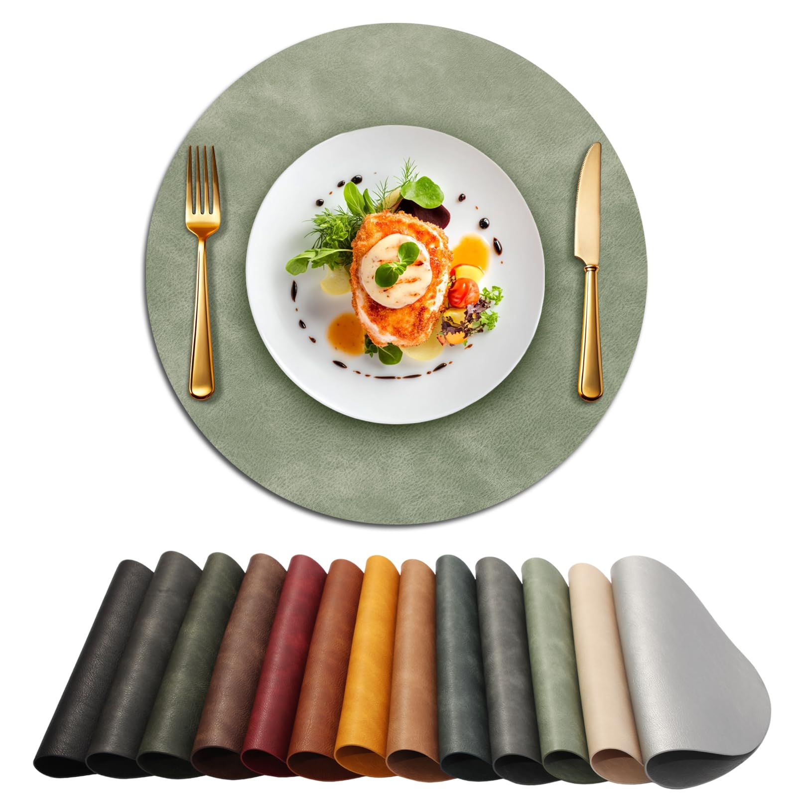 UnivoColors Placemats Round Faux Leather Placemats Set of 8-Waterproof-Wipe Clean-Heat Resistant-Anti Slip Dining Table Place Mats,Suitable for Indoor &amp; Outdoor Use,15".Retro Green
