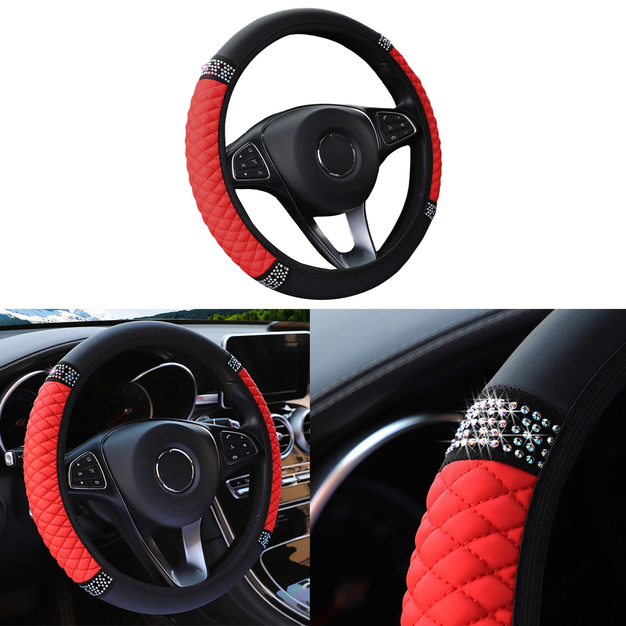 Couslcd Bling Car Steering Wheel Cover, 15 Inch Rhinestones Soft Leather Elastic Steering Wheel Protector, Sparkly Crystal Diamond for Women Girls, Car Interior Accessories for Most Cars (Red)