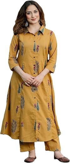 Arayna Women’s Pure Cotton Printed A-Line Kurta Set with Pants | Button-Down Collar Kurta