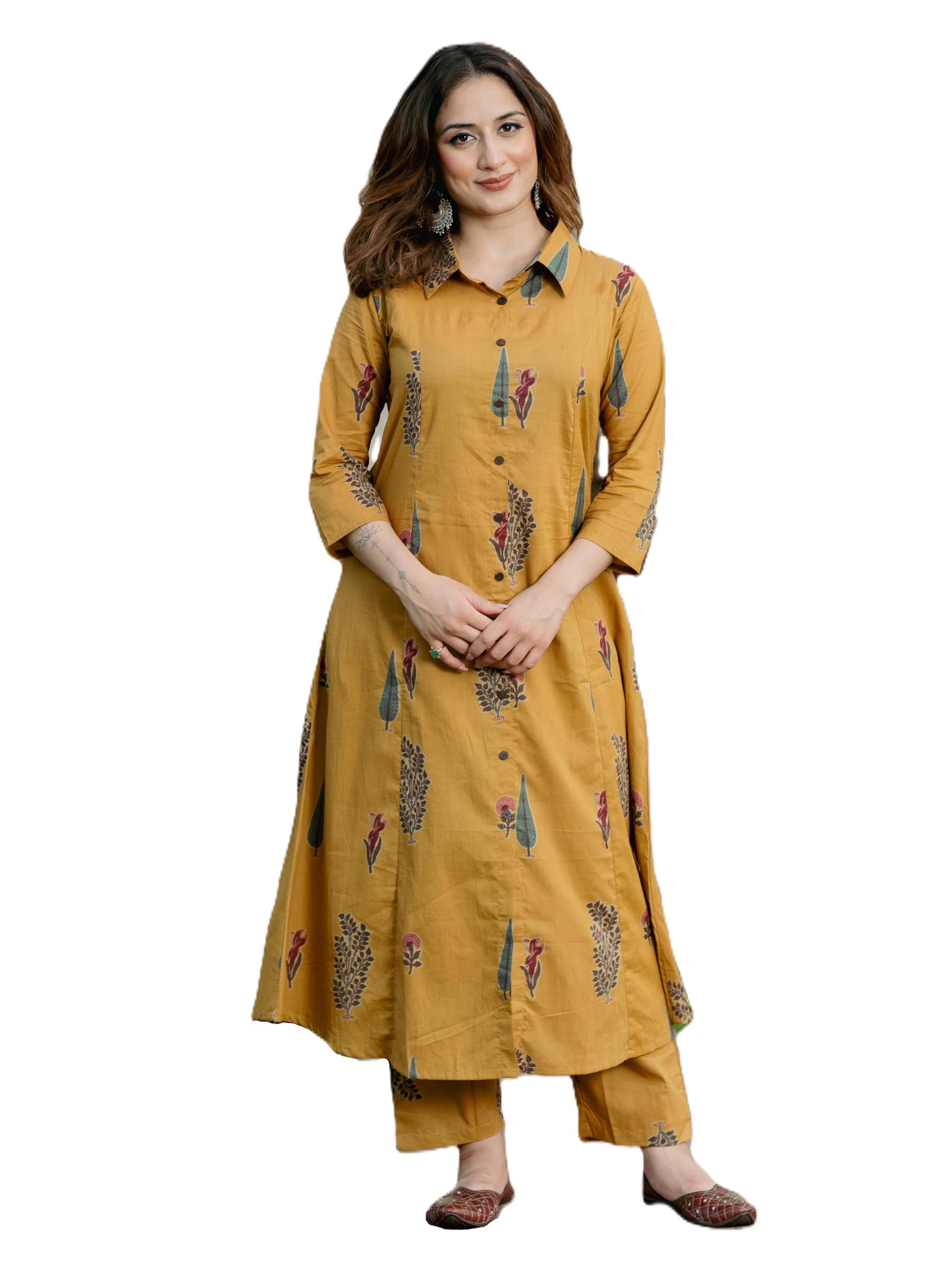 arayna Women’s Pure Cotton Printed A-Line Kurta Set with Pants | Button-Down Collar Kurta-picture-16