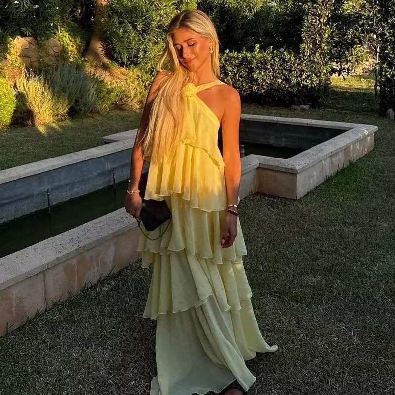 Chiffon Halter Bridesmaid Dresses for Wedding with 3D Flowers Tiered Long Formal Evening Party Dress DE5882