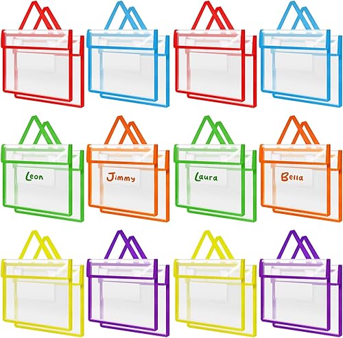 Teling Paquete de 12 bolsas gruesas transparentes para libros con etiquetas de nombre en blanco y asas, bolsas para libros, organizador para