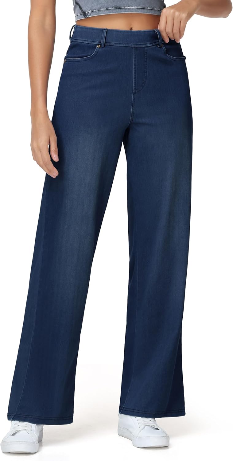 THE GYM PEOPLE Women's Wide Leg Pull on Jeans Stretchy Baggy Trendy Casual Straight Denim Pants with Pockets Dark Blue Medium