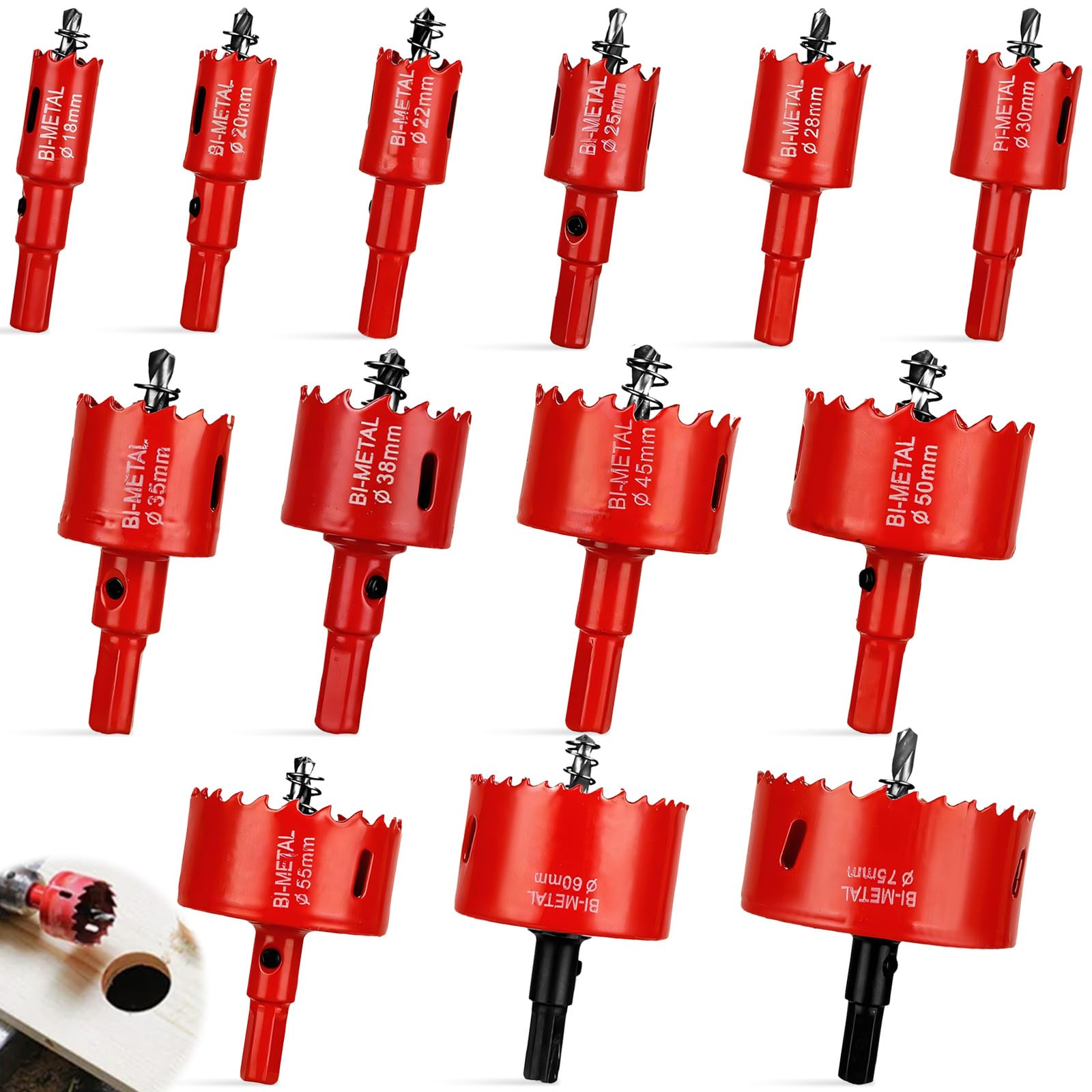 Bi-Metal Hole Saw Kit with Hex Shank & Centring Drill, 13Pcs 18mm to 75mm Holesaw Set, High Speed Steel Hole Cutter, Holesaws for Drilling Soft Metal, Wood Sheets, Plastic, PVC & Plasterboard