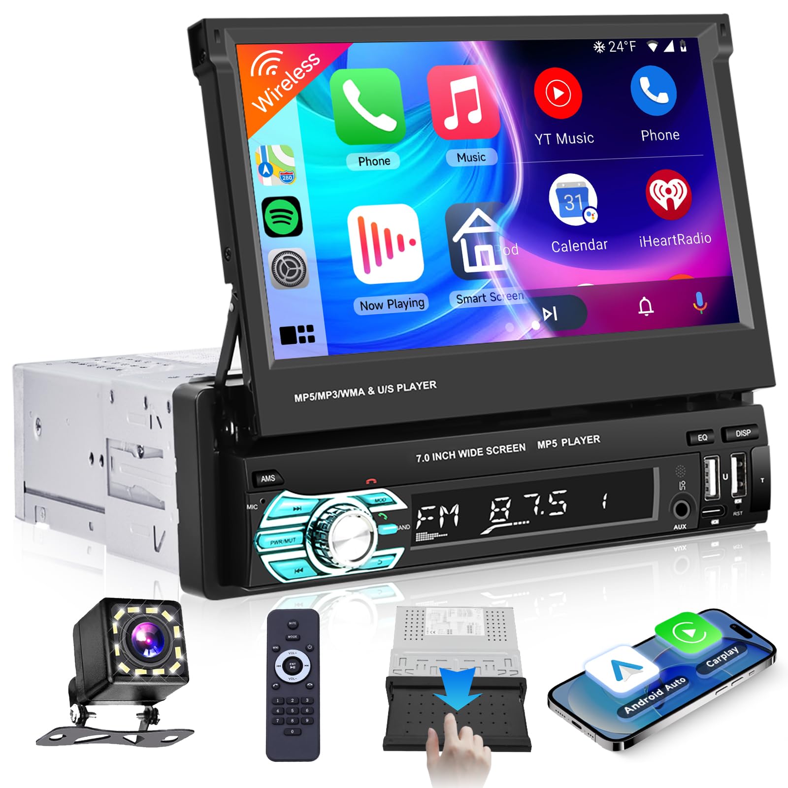 Autoradio 1Din Podofo Con Schermo 7" A Scomparsa, CarPlay Wireless, Android Auto, FM, 2 USB/Type-C, Telecamera Notturna 12 LED E 7 Colori