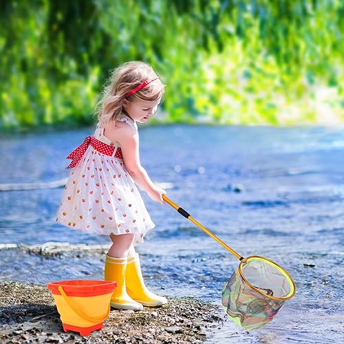 Miniatura 8 de Red de pesca para niños, red de aterrizaje telescópica con mango de poste de aluminio, cubo plegable para niños, balde de arena para niños, redes de