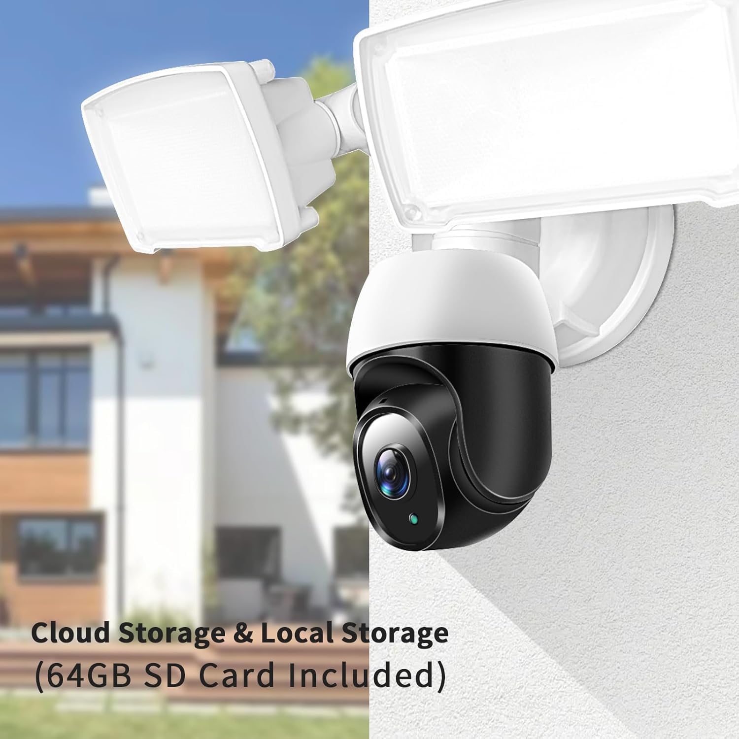 PTZ Security Camera with Floodlight, 360° Auto Tracking 1080P, 2500 Lumens, Color Night Vision, Weatherproof, 90dB Siren, Includes 64GB TF Card & Plug-in Adapter