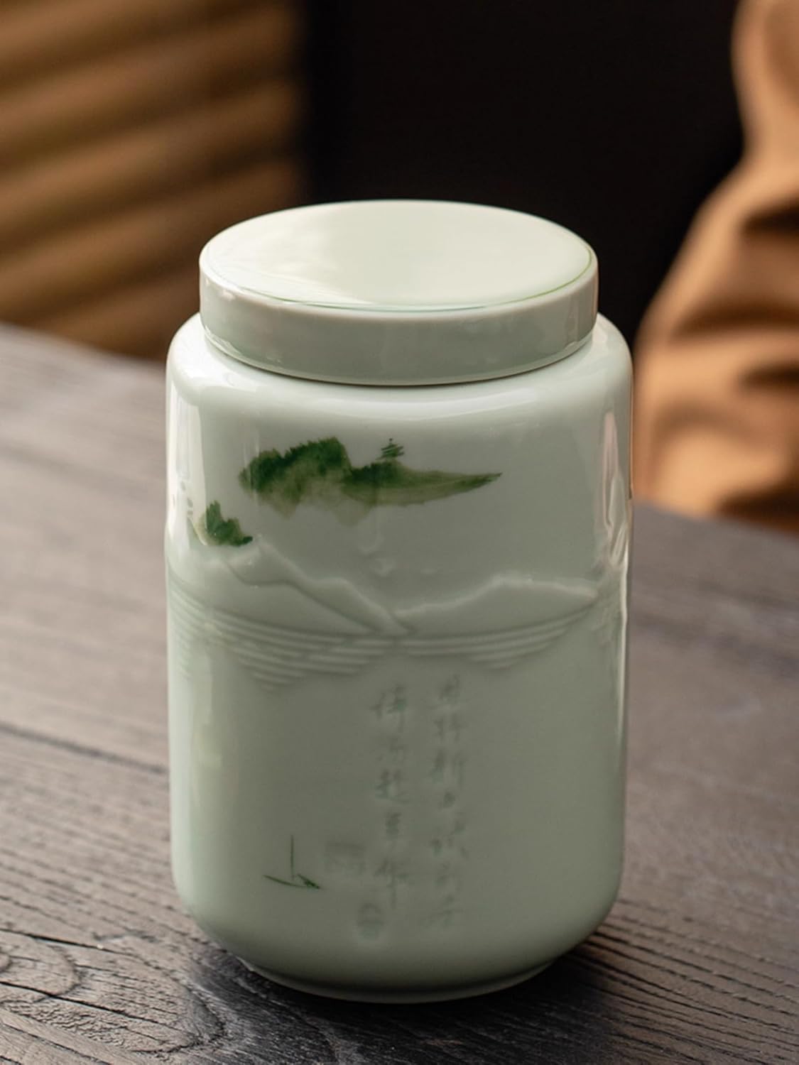 Blue-green Ceramics Tea Caddy, 255ml 8.5oz, Chinese Style Tea Ceremony Accessories Storage Tank