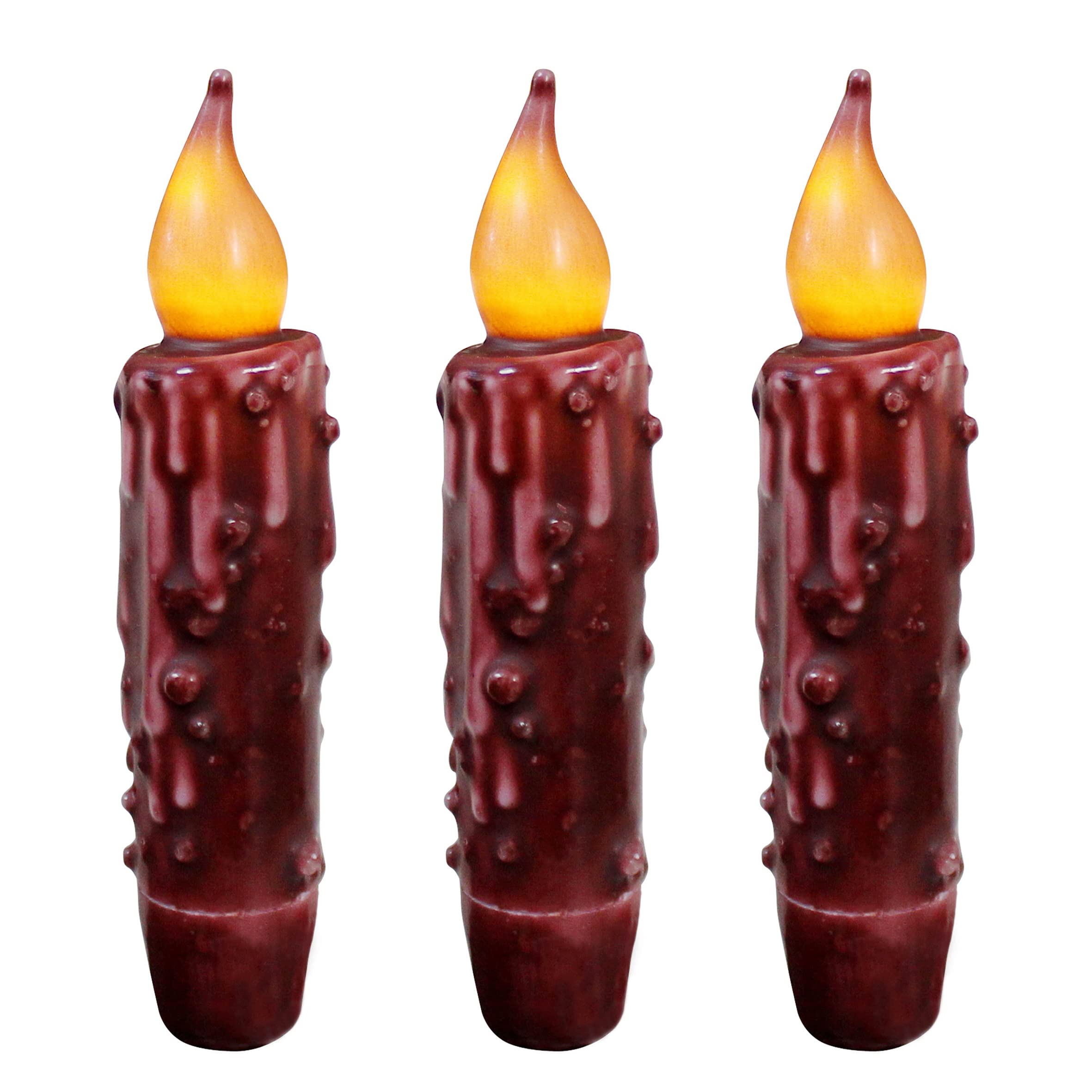 CVHOMEDECO. Velas cónicas LED de cera real sumergidas a mano, funciona con pilas, luces cónicas sin llama, decoración primitiva, 4-3/4 pulgadas, borgoña, 3 unidades en un paquete